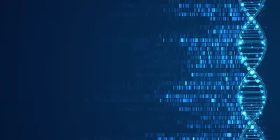 A blue strand of DNA is shown on the left with a multi-lined image shown to the left feeding into the DNA, representing nucleotides against a navy blue background.