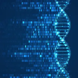 A blue strand of DNA is shown on the left with a multi-lined image shown to the left feeding into the DNA, representing nucleotides against a navy blue background.