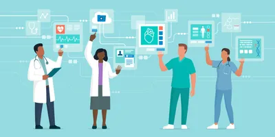 Illustration of diverse healthcare professionals interacting with digital medical data and health records on virtual screens.