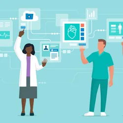 Illustration of diverse healthcare professionals interacting with digital medical data and health records on virtual screens.