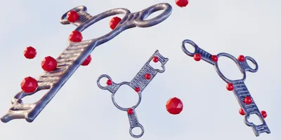 Image Alt Text Aptamers, a type of single-stranded oligonucleotide, are shown as purple key-shaped molecular structures with small red beads representing drugs floating against a white background.