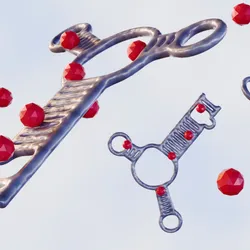 Image Alt Text	Aptamers, a type of single-stranded oligonucleotide, are shown as purple key-shaped molecular structures with small red beads representing drugs floating against a white background.