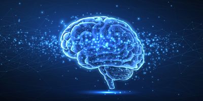 Illustration of a glowing human brain with interconnected neural networks and bright data points, set against a dark, digital background.