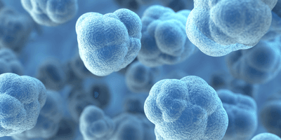 Close-up illustration of clustered, irregularly shaped 3D cell structures resembling organoids, displayed in a blue-toned background.