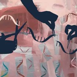 Silhouetted hands using scissors and tweezers to edit DNA strands, symbolizing CRISPR genetic engineering.