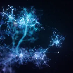 Abstract digital network of glowing nodes and lines representing artificial intelligence and molecular networks.