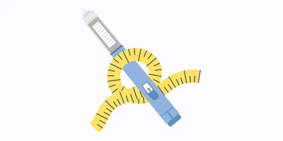 A cartoon image of a GLP-1 injector pen with measuring tape wrapping around it.