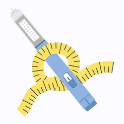 A cartoon image of a GLP-1 injector pen with measuring tape wrapping around it.