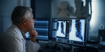 Experienced radiographer examines chest X-rays on multiple computer monitors in a dark medical room.