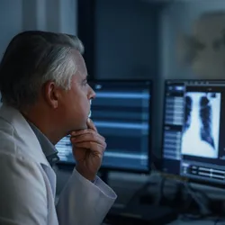 Experienced radiographer examines chest X-rays on multiple computer monitors in a dark medical room.