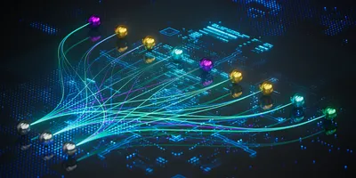 Abstract digital visualization of artificial intelligence data processing.