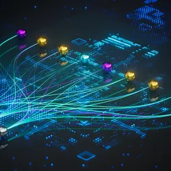 Abstract digital visualization of artificial intelligence data processing.