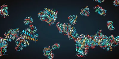 Several proteins with components in different colors on a dark blue background.
