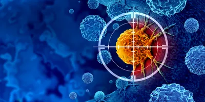 Cancer cell targeted by immune cells in a conceptual illustration of antibody immunotherapy.