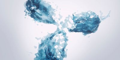 3D illustration of a fluid-like blue antibody molecule, with splash-like textures on a light background. 