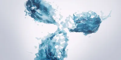 3D illustration of a fluid-like blue antibody molecule, with splash-like textures on a light background.