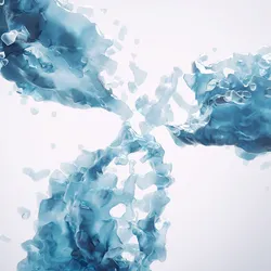3D illustration of a fluid-like blue antibody molecule, with splash-like textures on a light background. 
