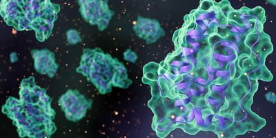 3D illustration of protein structures with glowing ribbon helices, representing molecular interactions or biologic drug analysis in a high-resolution scientific context.