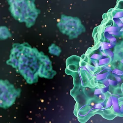 3D illustration of protein structures with glowing ribbon helices, representing molecular interactions or biologic drug analysis in a high-resolution scientific context.