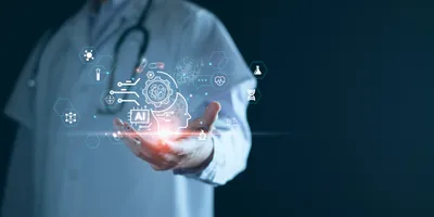 Doctor in white lab coat with stethoscope uses a virtual AI interface displaying medical technology icons.