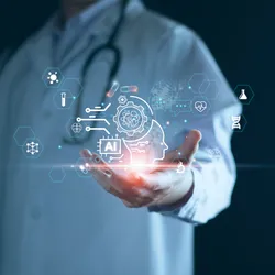 Doctor in white lab coat with stethoscope uses a virtual AI interface displaying medical technology icons.