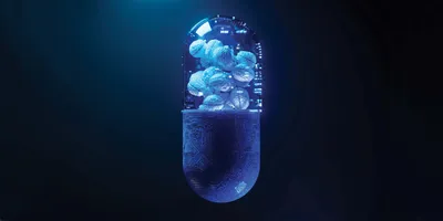 A blue pill stylized to look like a digital dashboard.