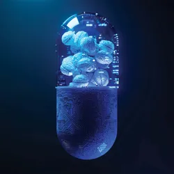 A blue pill stylized to look like a digital dashboard.