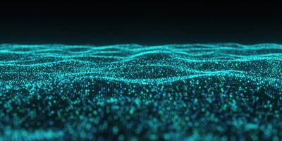 A glowing, wave-like digital landscape made of turquoise data points against a dark background.