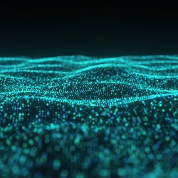 A glowing, wave-like digital landscape made of turquoise data points against a dark background.