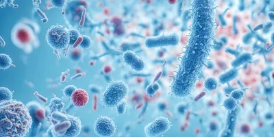 Microscopic 3D rendering of diverse blue and pink bacteria cells floating in a fluid environment.