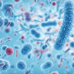 Microscopic 3D rendering of diverse blue and pink bacteria cells floating in a fluid environment.