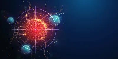 Digital illustration of a glowing cancer cell under attack with a target overlay symbolizing treatment.
