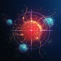 Digital illustration of a glowing cancer cell under attack with a target overlay symbolizing treatment.