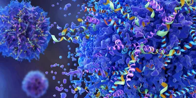 3D illustration of complex protein structures. The image shows vibrant, ribbon-like helices in pink, green, yellow, and blue, intertwined within and around dense, irregular blue molecular shapes, representing folded proteins at a microscopic scale.