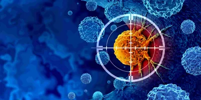 A cancer cell is shown highlighted in yellow with a target around it with other blue cells in the background.