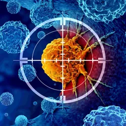 A cancer cell is shown highlighted in yellow with a target around it with other blue cells in the background.