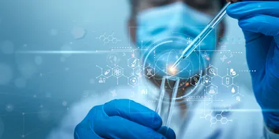 Scientist in gloves using a pipette over a test tube with AI and biotechnology graphics overlay.