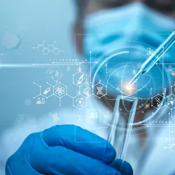 Scientist in gloves using a pipette over a test tube with AI and biotechnology graphics overlay.