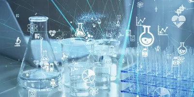 Digital illustration of a laboratory workspace featuring beakers, flasks, and test tubes, overlaid with scientific and medical icons.