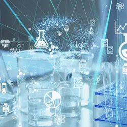 Digital illustration of a laboratory workspace featuring beakers, flasks, and test tubes, overlaid with scientific and medical icons.