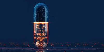 A futuristic capsule pill with a glowing digital network inside, symbolizing the integration of computational informatics in modern drug development.