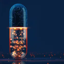 A futuristic capsule pill with a glowing digital network inside, symbolizing the integration of computational informatics in modern drug development.