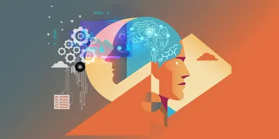An abstract illustration of two human profiles overlaid with gears, data charts, and a glowing circuit-board brain, symbolizing digital thinking and innovation in science or technology.