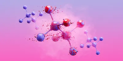 Colorful abstract molecules on a pink and purple gradient background