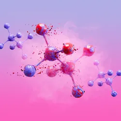 Colorful abstract molecules on a pink and purple gradient background