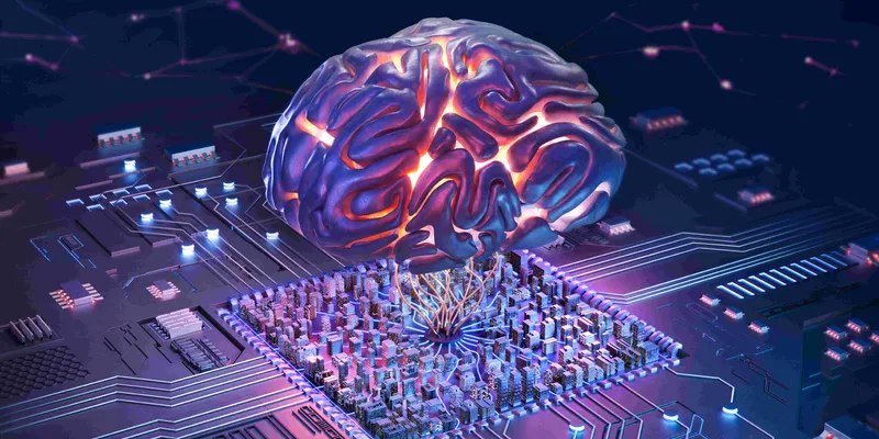 A glowing, stylized human brain hovers above a computer chip, with neural-like connections linking the brain to the circuitry below. The chip is embedded in a futuristic motherboard surrounded by illuminated circuits and microcomponents, symbolizing brain-computer interface technology.