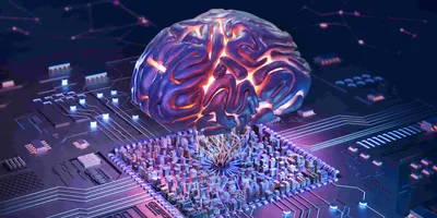 A glowing, stylized human brain hovers above a computer chip, with neural-like connections linking the brain to the circuitry below. The chip is embedded in a futuristic motherboard surrounded by illuminated circuits and microcomponents, symbolizing brain-computer interface technology.