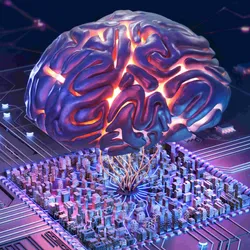 A glowing, stylized human brain hovers above a computer chip, with neural-like connections linking the brain to the circuitry below. The chip is embedded in a futuristic motherboard surrounded by illuminated circuits and microcomponents, symbolizing brain-computer interface technology.
