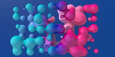 Colorful 3D abstract blobs representing molecular interactions on a blue background.