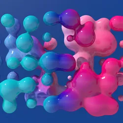 Colorful 3D abstract blobs representing molecular interactions on a blue background.